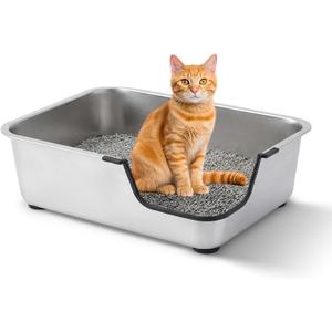 Stainless Steel Cat Litter Box, 17.5"L x 13.6"W x 6"H Metal Cat Litter Box with Low Entry for Senior, Injured Cats Anti-Slip Non-Stick No Odor Easy to Clean for Most Cats with Weight of 14Ibs or Less