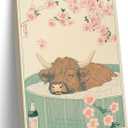 Japanese Bathroom Canvas Wall Art Funny Highland Cow in Bathtub Wall Decor Paintings Vintage Cute Cattle Humorous Animal Prints Aesthetic Pictures for Restroom Toilet Decoration 12x16 Inch Framed (16L" x 12W")