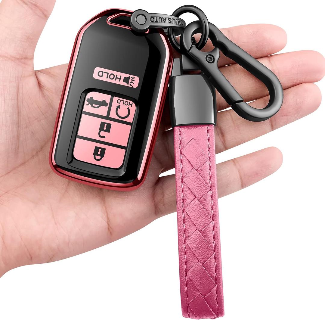 for Honda key fob cover with leather keychain,Soft TPU Full key Shell Protection,key fob case compatible Honda Accord Civic CRV Pilot Odyssey Passport Smart Remote KeyKey Fob Shell Pink