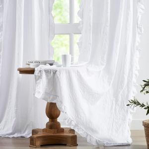 ZJDECOR 63 Inches White Pure Cotton Curtain Pairs with Elegant Ruffle Trims,Crinkled Semi Sheer Boho Drapes for Living Room Bedroom,Flowy Shabby Chic Window Treatment Set,Rod Pocket,40"Wx63"L,2 Panels