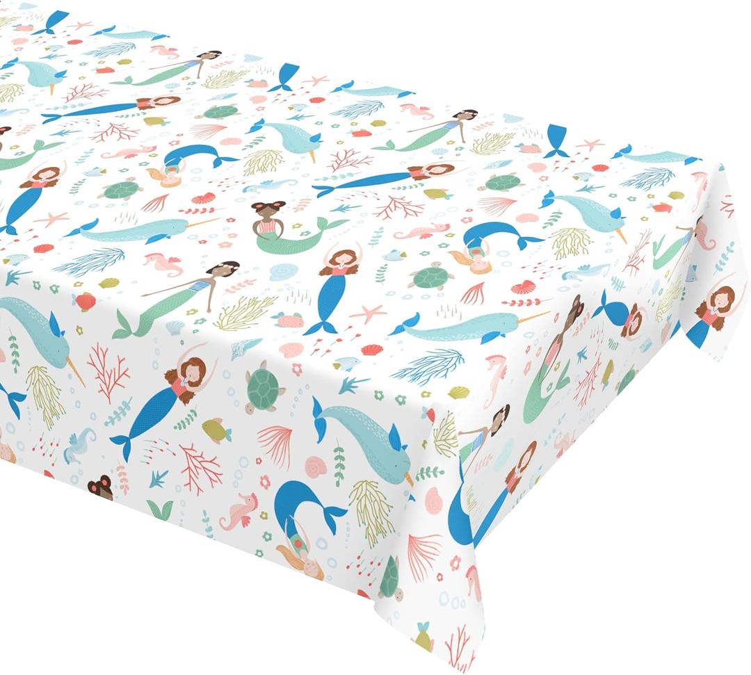 Cheerland Mermaid Tablecloth with Sea Animals for Under The Sea Ocean Girls Birthday Baby Shower Party Table Cover Corals Pastel Cute Fish Turtle Party Supplies and Decoration