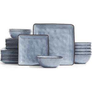 Famiware Dinnerware Sets for 8, Ocean Square 24-Piece Kitchen Plates and Bowls Sets, Microwave and Dishwasher Safe, Scratch Resistant, Blue