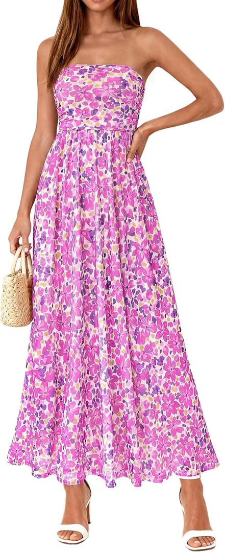 PRETTYGARDEN Women Strapless Maxi Dress 2026 Summer Floral Tube Top Ruched Beach Spring Wedding Guest Long Dresses (Small)