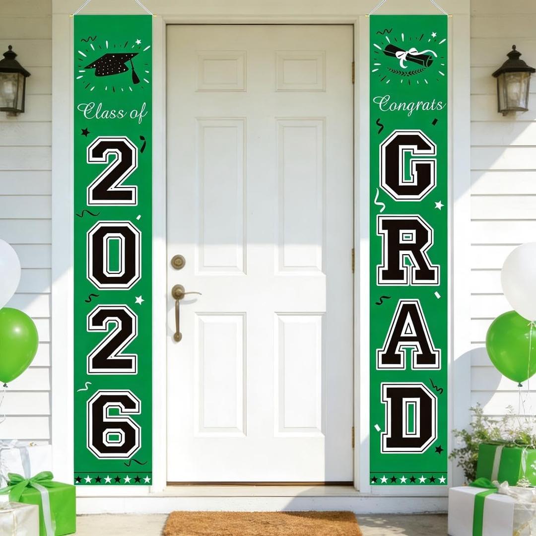 2 x 2026 Graduation Decorations Green Congrats Grad Banner Class of 2026 Banner for Any Schools or Grades 2026 Graduation Party Decorations