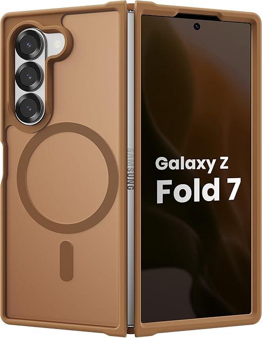 BNAAGO Magnetic Case for Samsung Galaxy Z fold 7 Case, Slim Translucent Matte Phone Cover with Shockproof TPU Frame & ScratchResistant PC Back, Strong Magnetic Ring, Brown