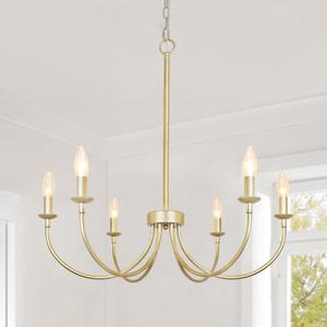 Gold Chandelier, 6-Light Farmhouse Chandelier for Dining Room Lighting Fixtures Hanging, Industrial Candle Modern Chandelier for Bedroom, Foyer, Living Room and Entryway