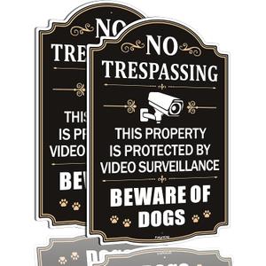2 Pack No Trespassing This Property is Protected by Video Surveillance Beware of Dogs Signs 12 x 8 inches Metal Reflective Sturdy Rust Aluminum Weatherproof Easy to Install Cuidado Con Los Perros