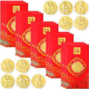 Huquary 15 Pcs Chinese New Year Red Envelopes with Horse Coins 2026 Lunar New Year of the Horse Commemorative Coins Lucky Money Hong Bao Envelopes Zodiac Souvenir Coin for Blessing Health and Wealth