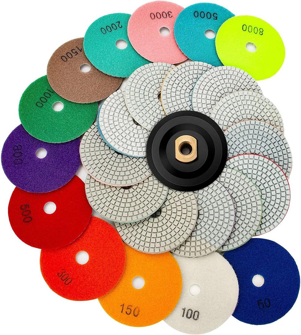13 Packs 4 Inch Diamond Polishing Pads with 5/8-11 Backer Pad 12PCS Wet/Dry Polish Pad Kit for Drill Grinder Polisher 50-8000 Grit Pads for Granite Marble Concrete Stone Countertop Quartz Polishing