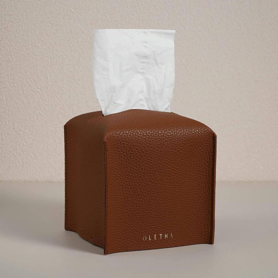 OLETHA Square Tissue Box Cover - Aesthetic Desk Decor for Room, Home & Office - Tissues Cube Boxes Holder - Brown