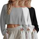 3 Pack Women's Long Sleeve Crop Shirts Loose Fit Cropped Oversized Tees Crew Neck Casual Pullover Tops (Black, White, Gray) Small