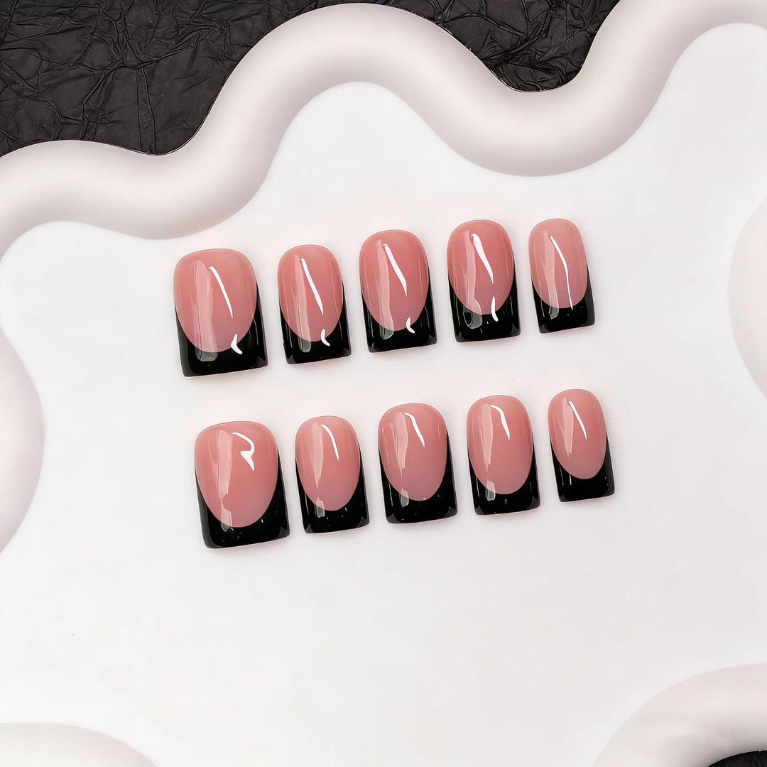 Handmade Press on Nails Black French Tip False Nails with Designs Solid Color Luxurious Thickened Short Square Fake Nail Full Cover Muti-Layer Gel Acrylic Nails Stick on Nail for WomenM)