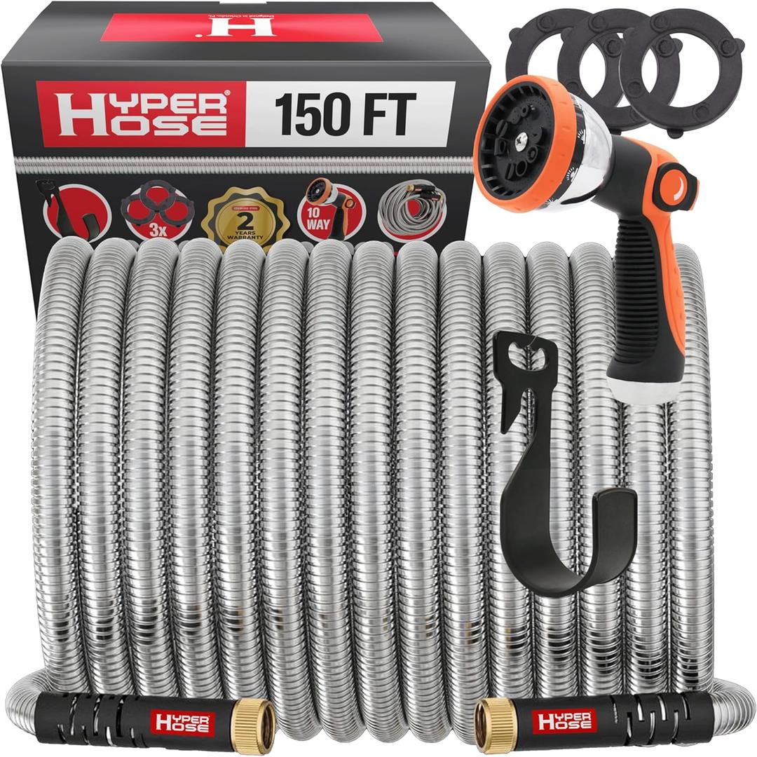 Best 150 ft Metal Garden Hose Set - No-Kink Durable 316 Stainless Steel, 10-Way Zync Spray Nozzle & Hook  Tough Flexible Heavy Duty Water Hoses, Naval Brass, Rust, Weather, LeakProof