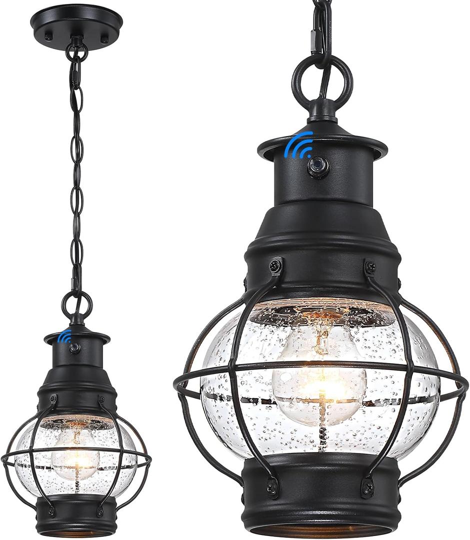 Dusk to Dawn Outdoor Pendant Lights for Porch, Farmhouse Black Outdoor Chandelier for Gazebo, Exterior Hanging Porch Light Fixture with Seeded Glass for Front Door Patio Foyer Entryway