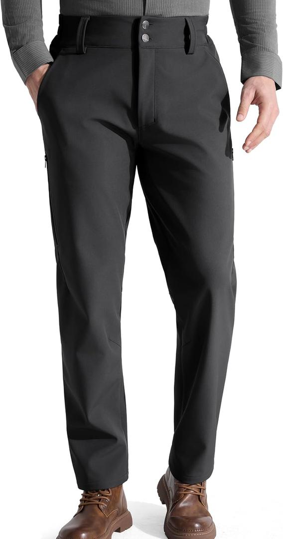 FREE SOLDIER Men's Warm Windproof Winter Fleece Lined Pants Hiking Expandable-Waist Softshell Snow Ski Pants (42W x 30L, Black)