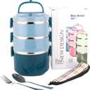 SANQIAHOME 3 Tier Stackable Stainless Steel Lunch Box Sealed(Blue, 3 Layers) with Spoon and Fork