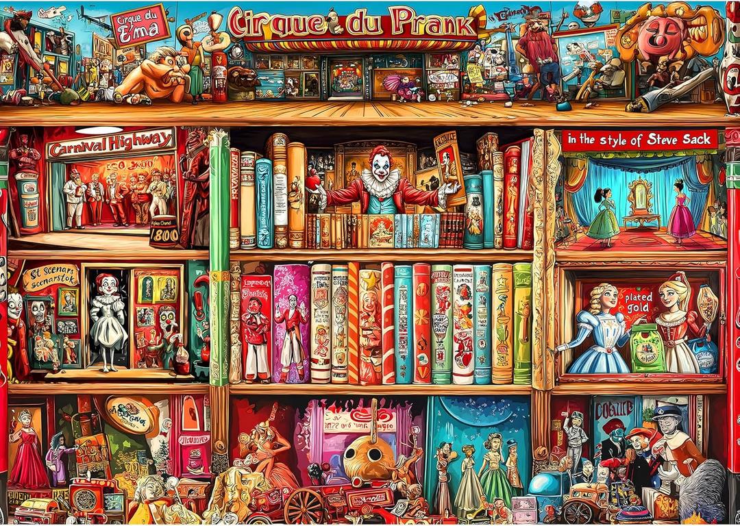 Circus Bookshelf 500 Piece Jigsaw Puzzle for Adults - Whimsical Vintage Artwork with Guide Letters on Back, Colorful & Challenging Family Fun, Unique Decor or Gift (20.5x15in)