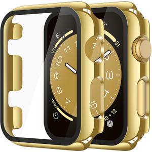Misxi 2 Pack Tempered Glass Case Compatible for Apple Watch Series 3 Series 2 38mm, Hard PC Screen Protector Overall Protection Scratch-Resistant Cover for iWatch, 1 Glossy Gold + 1 Transparent