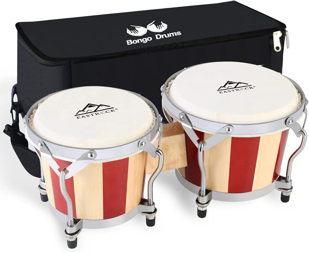 EastRock Bongo Drum 7" and 8" Set for Adults Beginners Professionals Tunable Wood Bongos and Metal Drum Percussion Instruments with Bag and Tuning Wrench