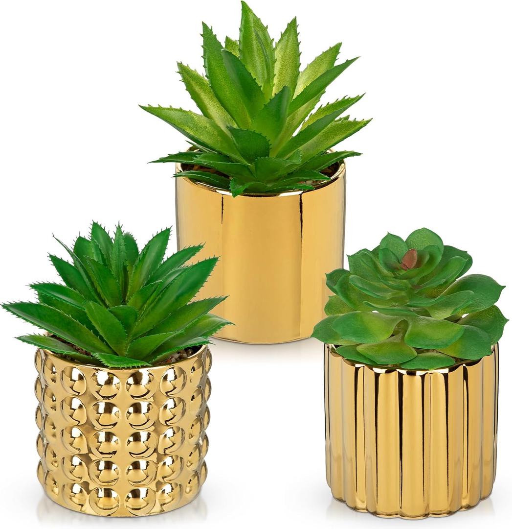 Briful Succulents Plants Artificial in Gold Ceramic Pots (Set of 3), Small Fake Plants for Home Office Desk Decor  Modern Mini Potted Succulents for Bathroom, Bedroom, Living Room Table, Shelf