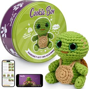 Cookie Box Crochet Kit for Beginners - Learn to Craft Amigurumi Stuffed Animals - Knitting Gift for Kids and Adults - Beginner-Friendly Yarn - Stitch-by-Stitch Video Tutorial - Turtle Hugo (Green)