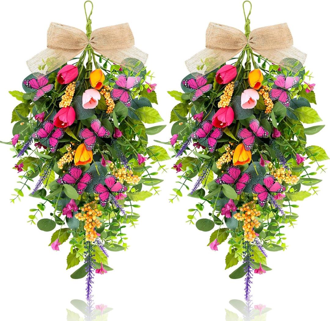 2 PCS 24'' Spring Swags for Front Door Artificial Tulip Teardrop Swags Lavender Butterfly Eucalyptus Swags Wreath Spring Summer Floral Hanging Swags for Farmhouse Wedding Cabinet Home Outdoor Decor