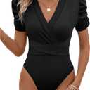 GORGLITTER Women's Cross Wrap Ruched Plunge Slim Fit Sexy Deep V Neck Short Sleeve T Shirt Bodysuit, XL