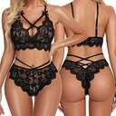 Namifin Women Lingerie Set Lace Bralette and Panty Set Strappy Lace Lingerie (Medium, Black)