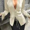 Womens Tie Front Satin Silk Blouse Sexy Deep V Neck Long Sleeve Open Front Club Tops Y2k Going Out Shirts (Beige, XL)
