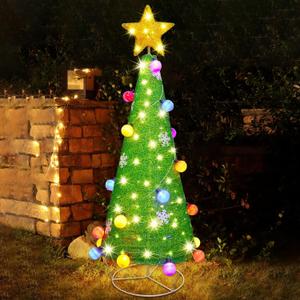 Lulu Home Collapsible Christmas Tree, 110 LED Lighted Fabric Cone Xmas Tree with Star Topper & Balls, Plug-in Foldable Indoor/Outdoor Yard Decor