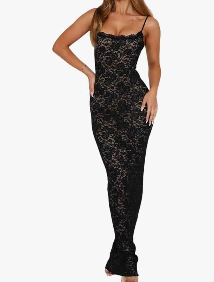 Lingt Chic Women's Lace Maxi Dress Spaghetti Strap Slim Fit Sleeveless Gown with Lace Bust for Evening & Party, M