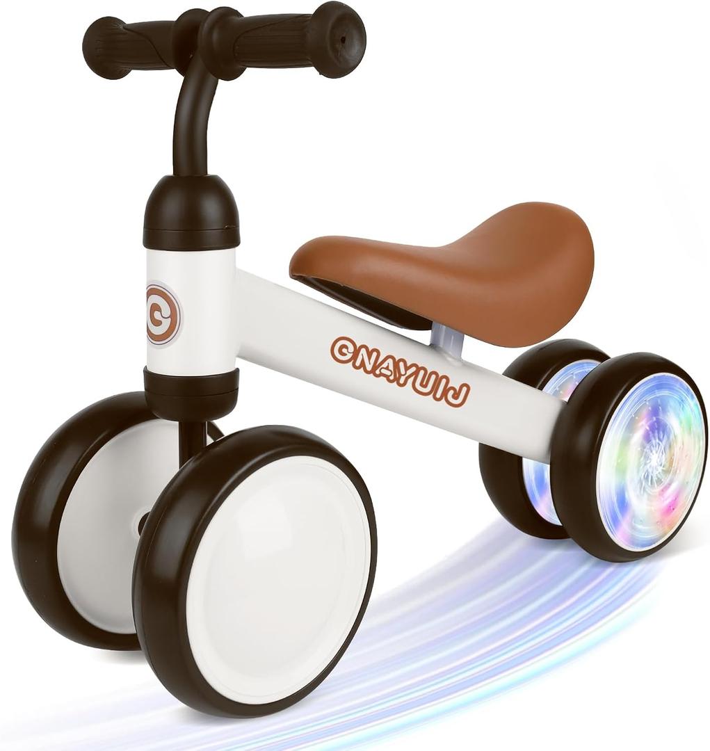 Colorful Lighting Baby Balance Bike Toys for 1 Year Old Boy and Girls Gifts, 12-24months Kids Toys Toddler 1st Birthday Gifts,No Pedal Infant 4 Wheels BicycleWhite