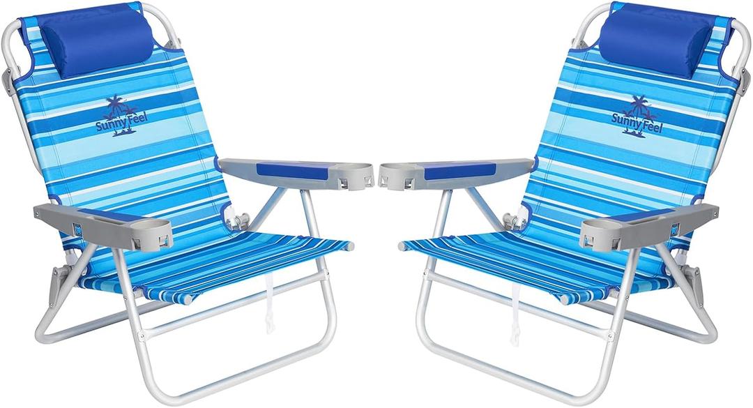 SUNNYFEEL Extra Wide 28" Low Beach Chair 2 Pack 5 Position Lay Flat, XL Oversized Portable Folding Camping Chairs with Cup Holder for Outdoor/Trip, Foldable Backpack Beach Chair for Adults