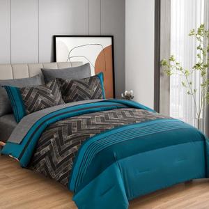 Luxudecor Teal Blue Comforter Set King Size, 7 Pieces Blue and Black Stripe Bed in a Bag, Geometric Comforter and Sheet Set, Soft Microfiber Complete Bedding Sets for All Seasons