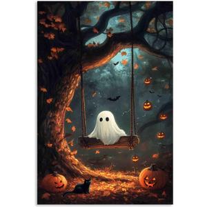 FOTRIC Halloween Wall Art Ghost and Cat Wall Art Ghost Pictures Canvas Prints Vintage Halloween Black Cat Wall Decor Spooky Pumpkin Art Gothic Bathroom Aesthetic Decor Canvas Roll 20x30 inch