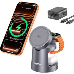 3 in 1 Charging Station Compatible with MagSafe Charger, Qi2.2 25W Magnetic Wireless Charger with Night Light, Foldable Charging Stand for iPhone 17/16/15/14/13/12, Apple Watch, AirPods (45W Adapter)