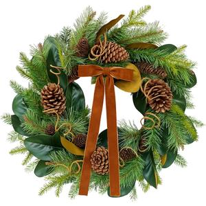 Giegxin 20 Inch Christmas Magnolia Wreath for Front Door Vintage Rustic Greenery Artificial Wreath with Brown Velvet Bow Pine Cones for Xmas Holiday Winter Farmhouse Fireplace Window Outdoor Decor