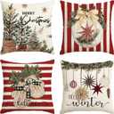 AVOIN colorlife Merry Christmas Balls Eucalyptus Holly Berries Gloves Throw Pillow Covers, 18 x 18 Inch Xmas Winter Holiday Red Stripes Cushion Case Decoration for Sofa Couch Set of 4