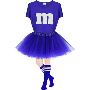 Letter M Halloween Costume Set T-Shirt Tutu Tube Socks Team Group Costumes for Women Halloween Cosplay Events (Blue, Small)