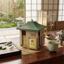 Rotating Japanese Tea Bag Organizer Dispenser - Pagoda Design, 360 Lazy Susan Base, Beige Body with Jungle Green Roof, Zen Matcha/Sencha/Tea Bag Storage Carousel for Kitchen Counter