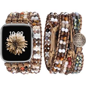 JR.DM Boho Beaded Watch Band Women Compatible with Apple Watch 38mm 40mm 41mm 42mm (S10/11) Brown Stone Bracelet Adjustable Handmade Braided Rope Strap for iWatch Series 11/10/9/8/7/6/5/4/SE 3/2/1