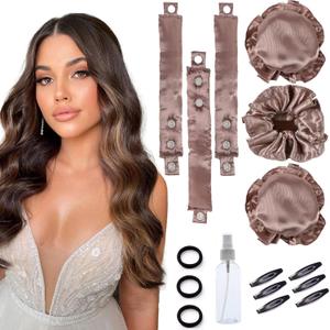 3 Sets Satin Heatless Curling Set Overnight Curls Blowout Rods Soft Hair Curlers to Sleep in Bun Bons Heatless Curls with Bonnet Cap No Heat Headband Silk Roller Wrapper Brown (1 Count (Pack of 3))