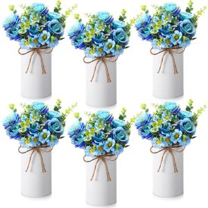 Domensi 6 Sets Wedding Centerpiece for Table Decoration Blue Artificial Fake Rose Flower with Metal Vase Faux Silk Rose Bouquet Floral Arrangement for Bridal Shower Home Dining