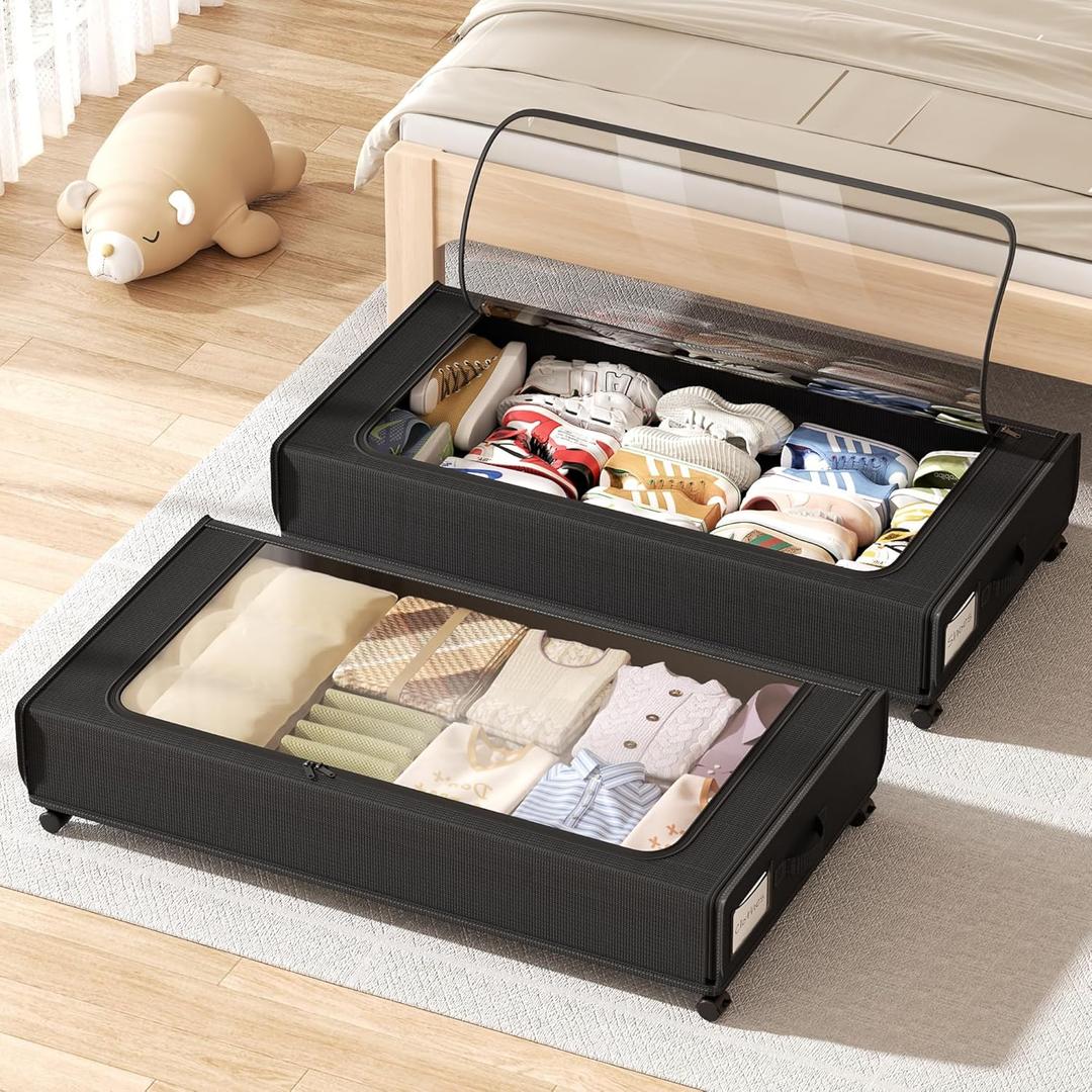 XXXXL Extra Long Under Bed Storage with Wheels, (66L) under the bed storage Organizer with Lid&Label,Rolling Under the bed Metal Drawer for Clothes,Shoes,Toys(36x17x 6In) (Black)