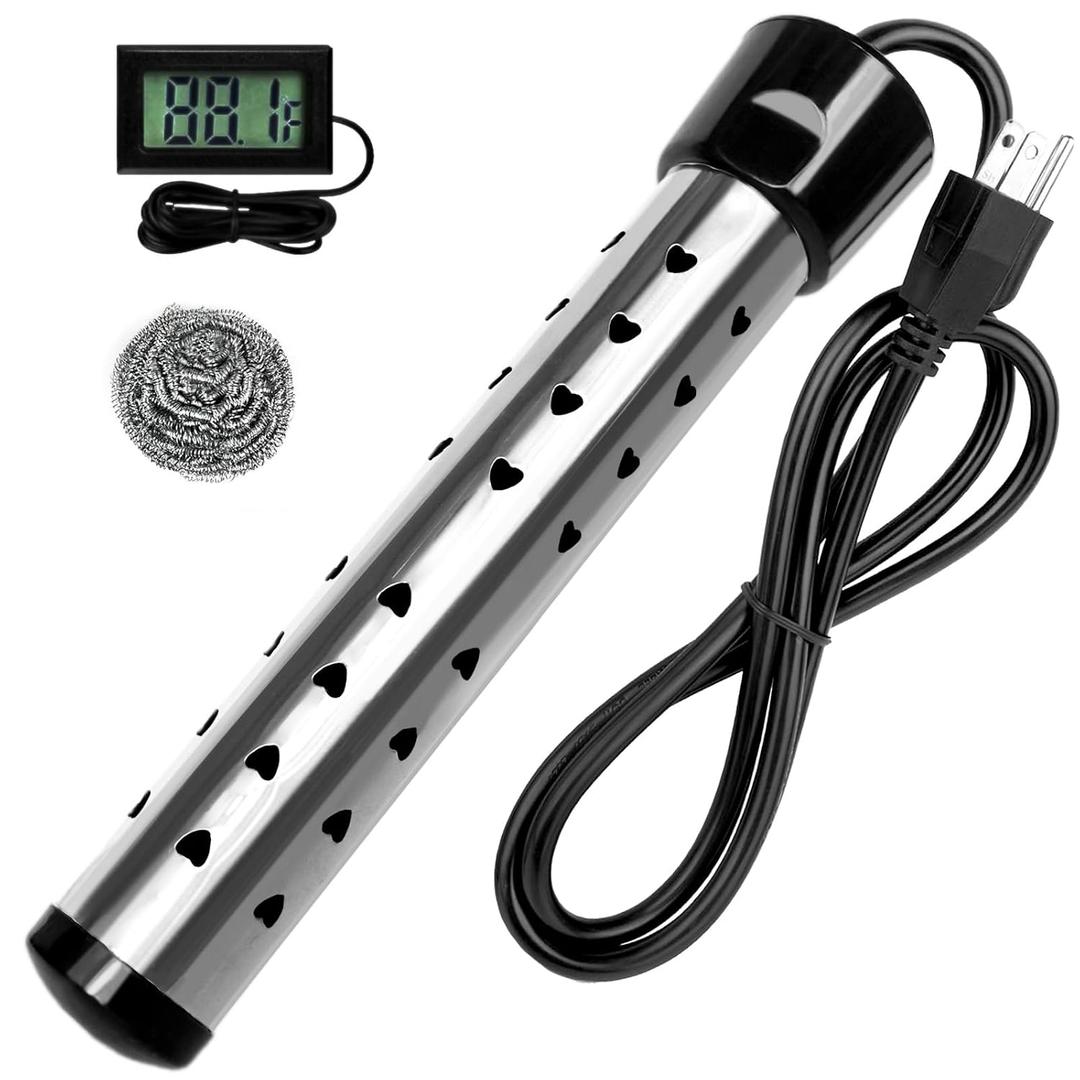 2000W Immersion Water Heater Electric, Fast Heating Portable Water Heater with 304 S S Guard & LCD Thermometer, Bucket Heater for Home Camping Bath Pool Outdoor Use