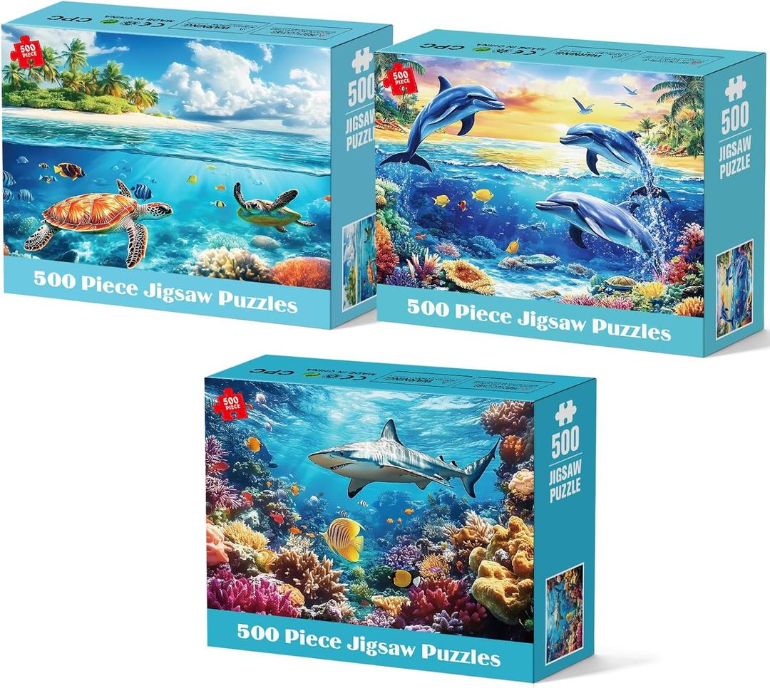 3 Pack Puzzles for Adults 500 Pieces, Sea Turtle Dolphins Sharks Puzzle 500 Piece, Challenging Ocean Jigsaw Puzzles with Letter on Back Poster, Gifts for Adults, Birthday & Game Night 20.5" x 15"