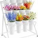 Putros Flower Bar Stand with 12 Buckets, Flower Cart with Wheels, White | Metal 3 Layers Flower Display Stand, Moving Florist Bouquet Shelf for Indoor Outdoor Patio Garden Party Decor