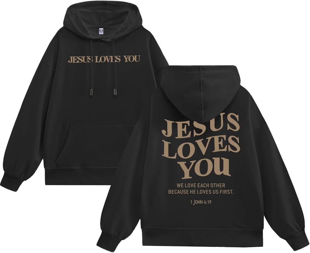 Weetiotio Christian Jesus Loves You Hoodies for Teen Boys Religious Faith Sweatshirts Bible Verse Graphic Youth Hoodie (Black, S)