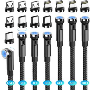 Magnetic Charging Cable [7Pack-1.6FT/3FT/3FT/3FT/6FT/6FT/10FT] 540° Rotating Magnetic Phone Charger 3 in 1 Magnetic Cable Nylon Braided USB Charger Cable for Micro USB/Type C/iProduct Device-Black