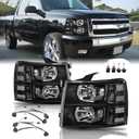 Headlights Assembly w/Bulb & Wiring Harness for 2007-2013 Chevy Silverado 1500, 07-14 Silverado 2500HD 3500HD Replacement Headlamp Assembly, Black Housing Clear Side